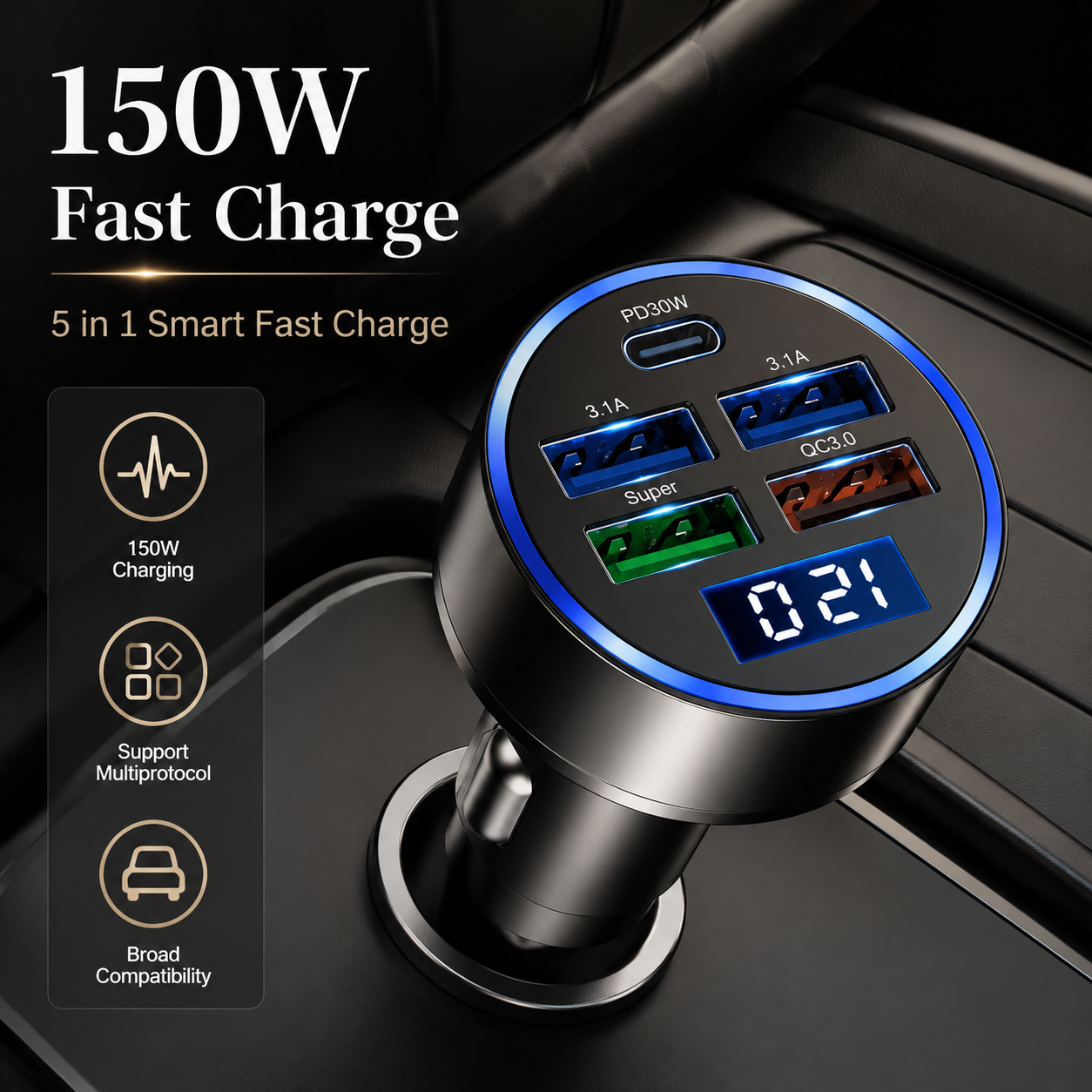 Premium Car Charger USB C Multi Port Fast Charging Adapter 12V Socket Smartphone High Speed Charging Compatible