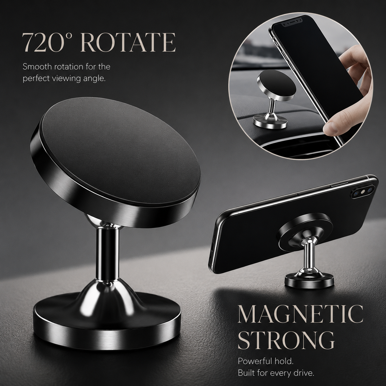 Premium Car Phone Mount Magnetic Dashboard Holder 360 Rotation Secure Grip Smartphone Compatible GPS Mount
