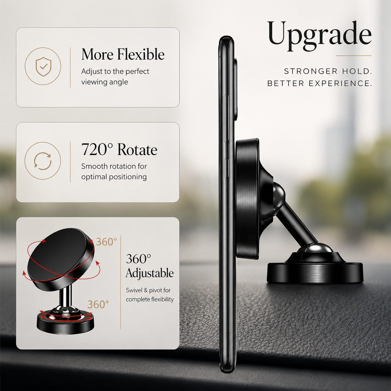 Premium Car Phone Mount Magnetic Dashboard Holder 360 Rotation Secure Grip Smartphone Compatible GPS Mount