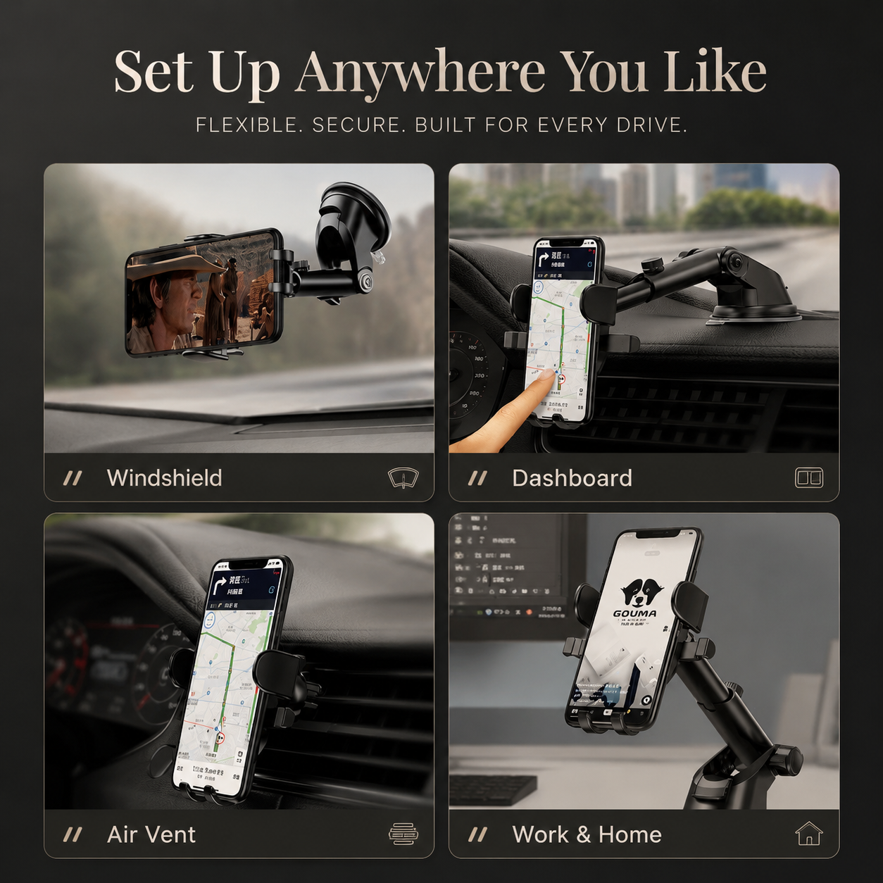 Premium Car Phone Mount Suction Cup Dashboard Windshield Holder 360 Rotation Secure Grip Smartphone Stand Compatible
