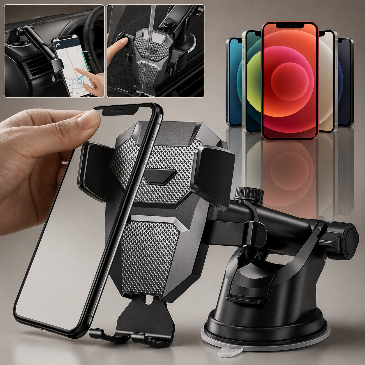 Premium Car Phone Mount Suction Cup Dashboard Windshield Holder 360 Rotation Secure Grip Smartphone Stand Compatible