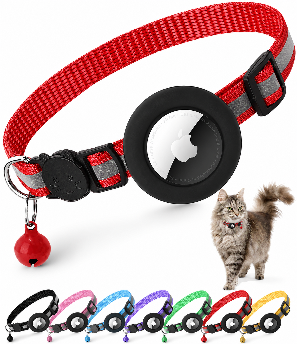 Premium Cat Collar AirTag Holder Reflective Adjustable Pet Collar Detachable Bell Lightweight Secure Fit Design