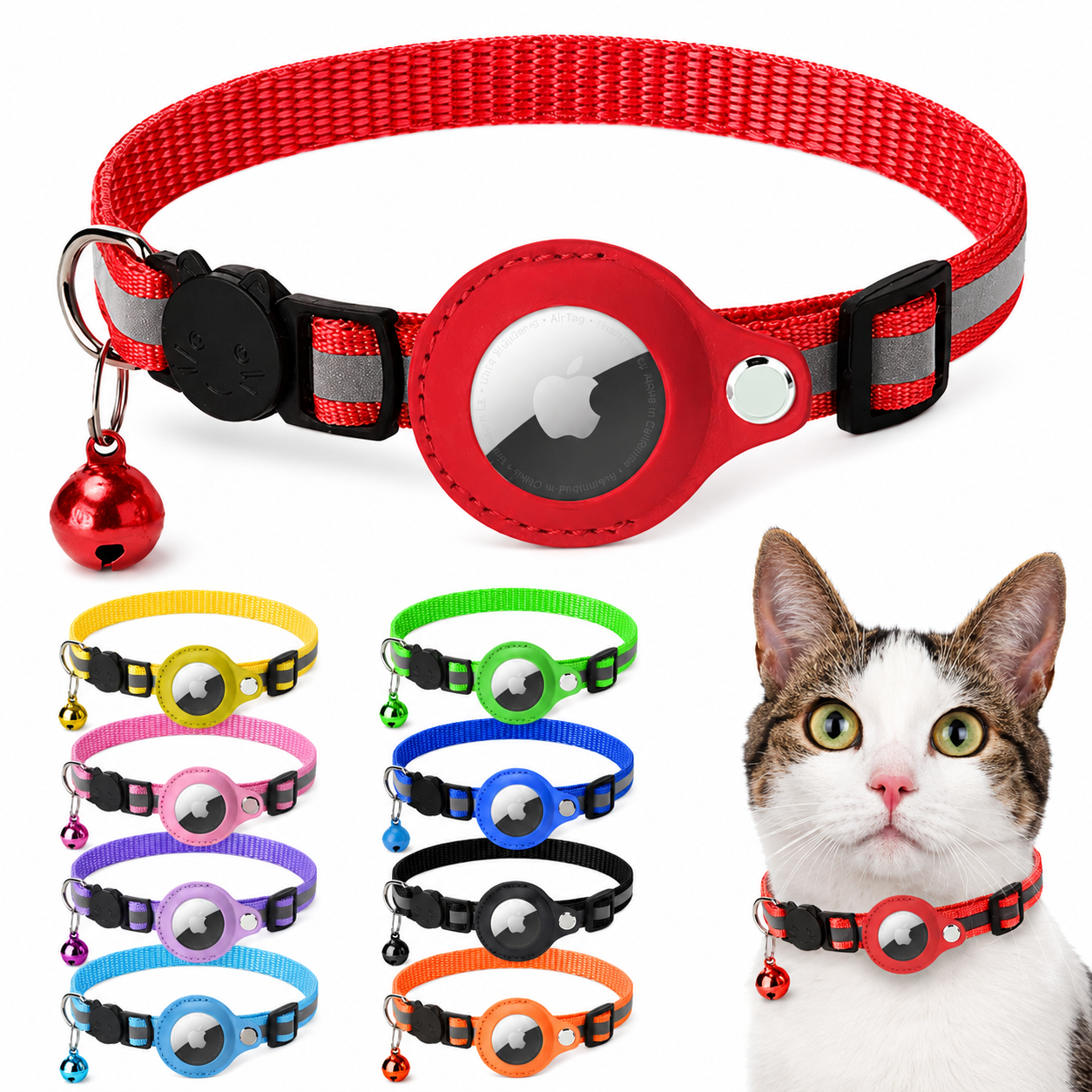Premium Cat Collar AirTag Holder Reflective Adjustable Pet Collar Detachable Bell Lightweight Secure Fit Design