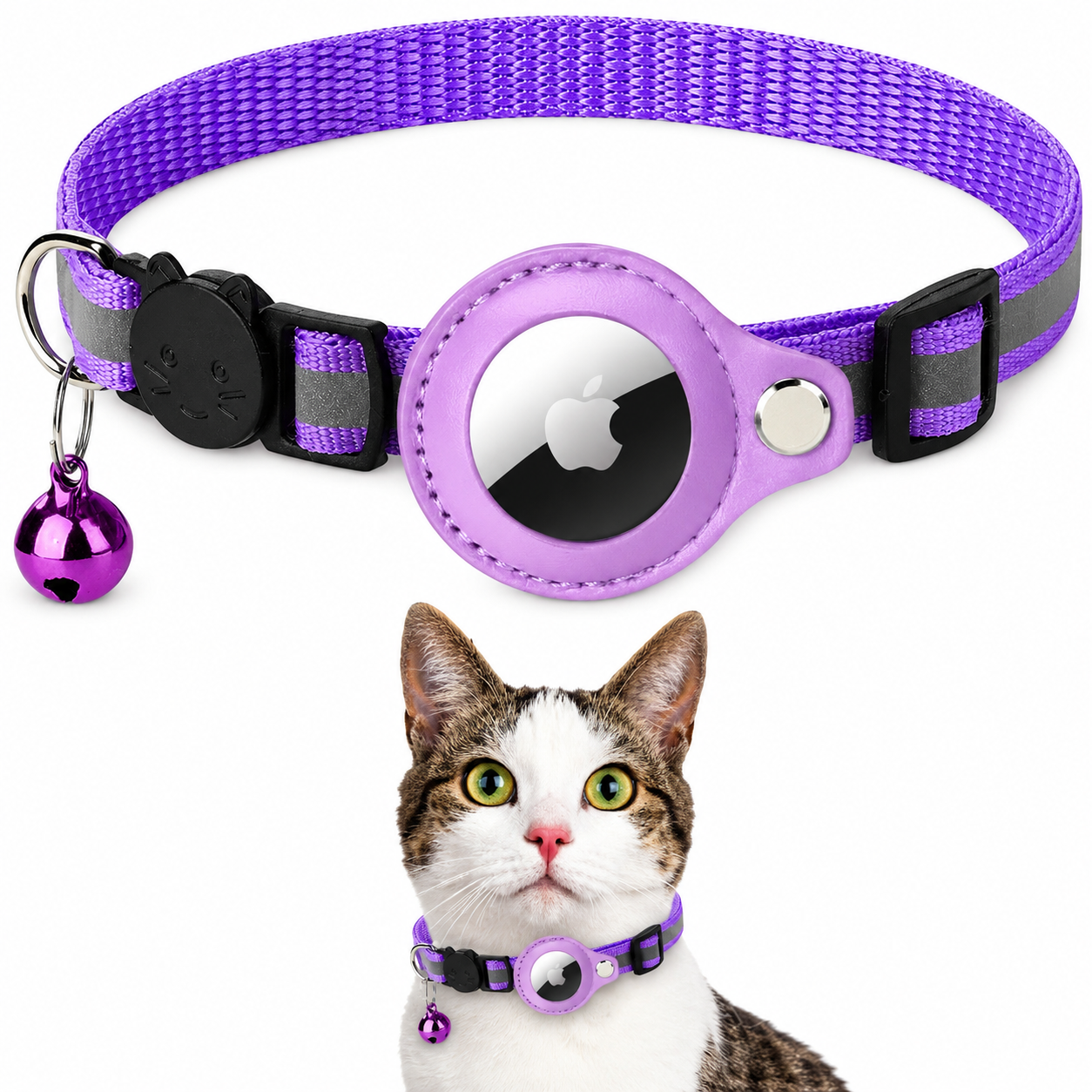 Premium Cat Collar AirTag Holder Reflective Adjustable Pet Collar Detachable Bell Lightweight Secure Fit Design