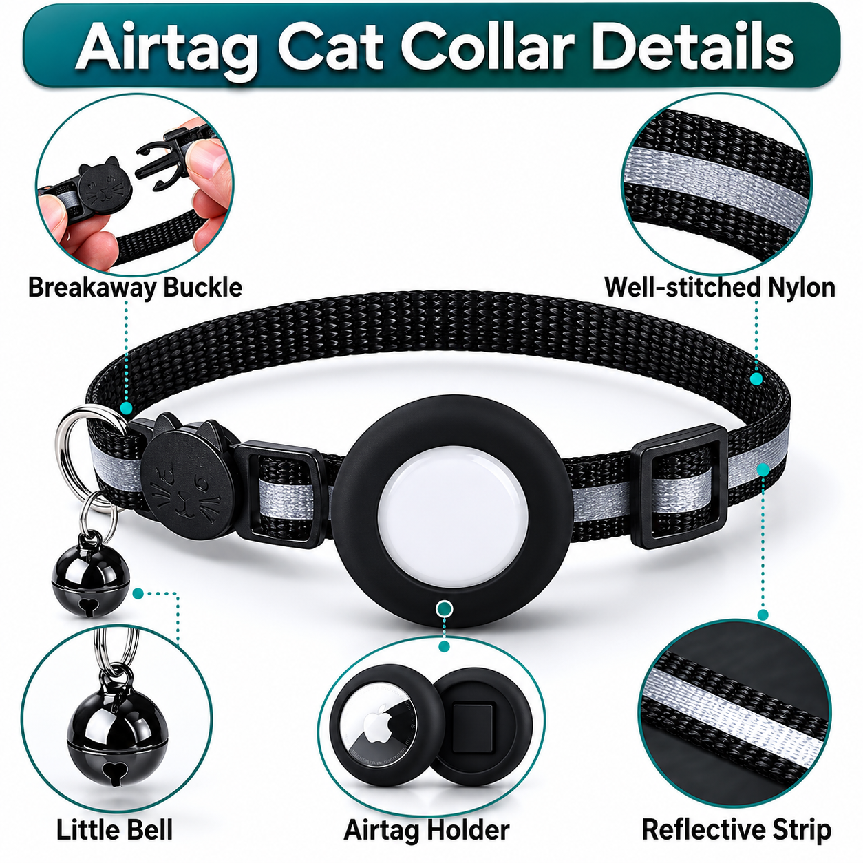 Premium Cat Collar AirTag Holder Reflective Adjustable Pet Collar Detachable Bell Lightweight Secure Fit Design