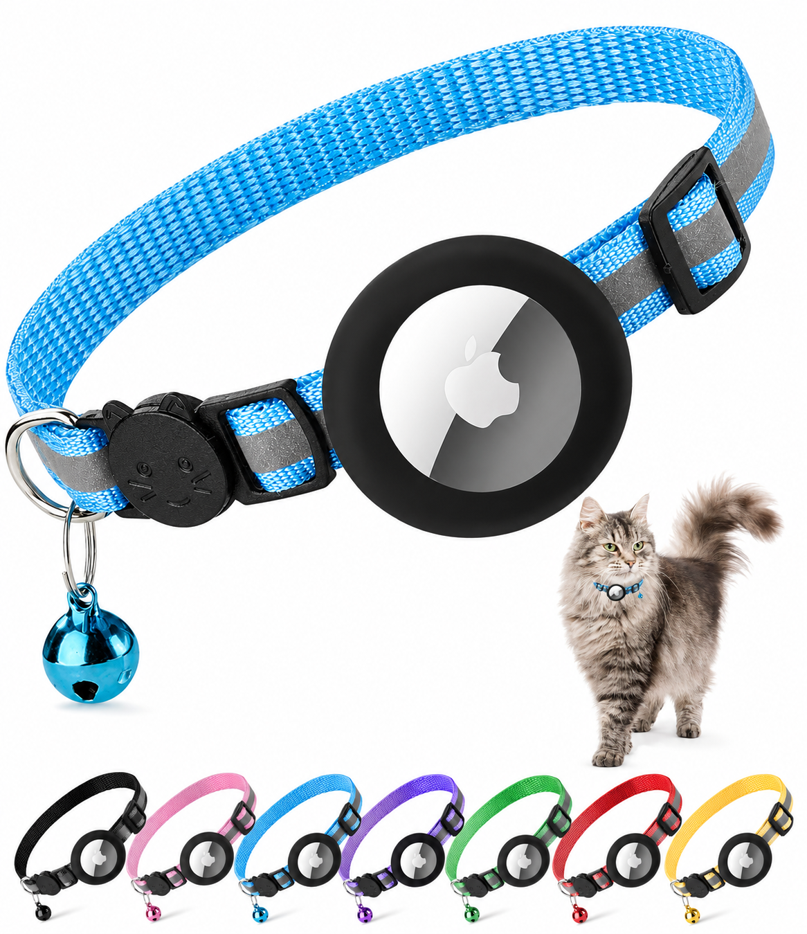 Premium Cat Collar AirTag Holder Reflective Adjustable Pet Collar Detachable Bell Lightweight Secure Fit Design