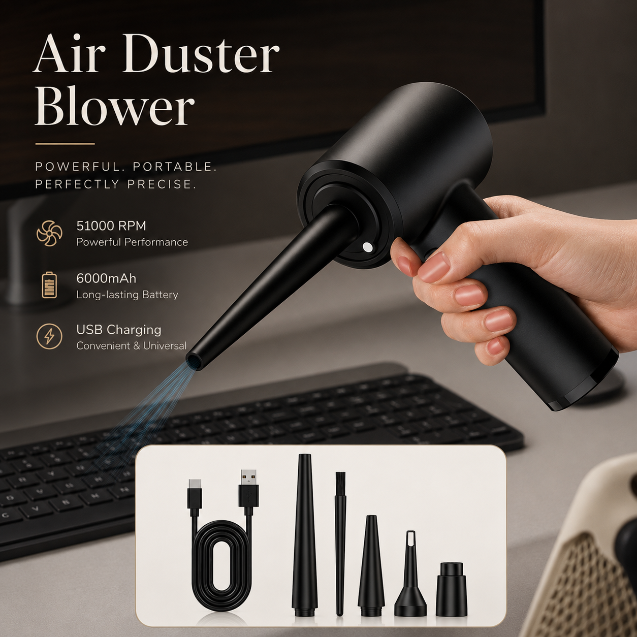 Premium Electric Air Duster Cordless Compressed Air Blower Keyboard Cleaner LED Light Reusable Cleaning Tool Portable Dust Remover