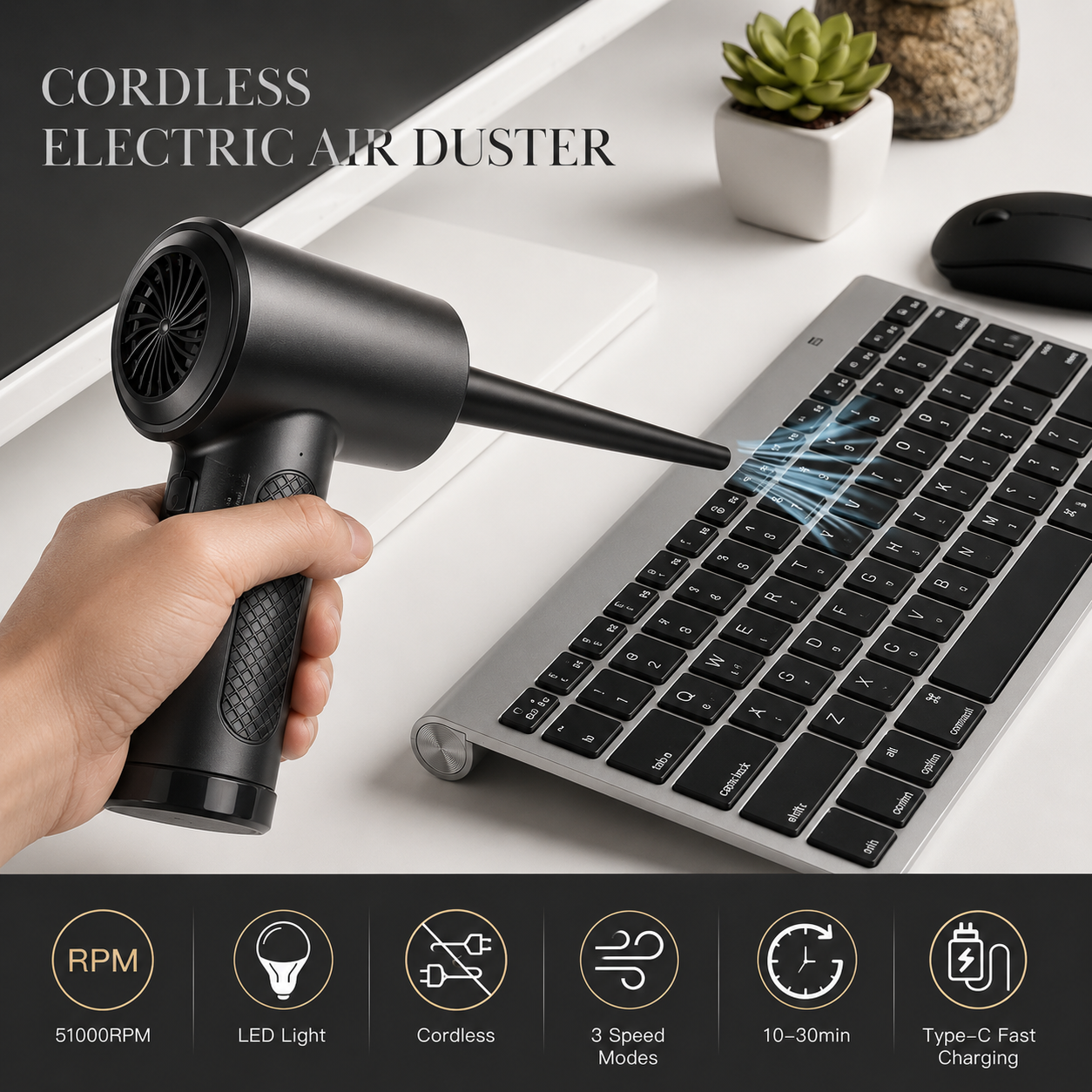 Premium Electric Air Duster Cordless Compressed Air Blower Keyboard Cleaner LED Light Reusable Cleaning Tool Portable Dust Remover