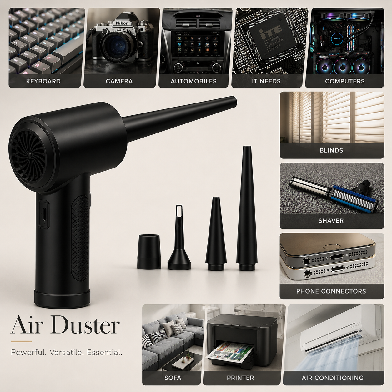 Premium Electric Air Duster Cordless Compressed Air Blower Keyboard Cleaner LED Light Reusable Cleaning Tool Portable Dust Remover