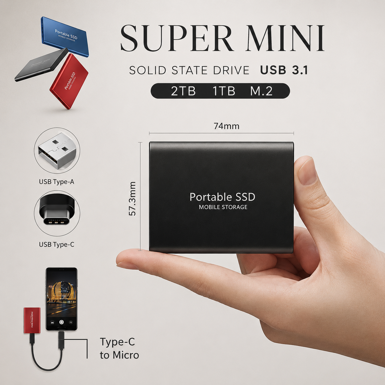 Premium External SSD Portable USB 3.1 High Speed Storage Drive Compact Data Backup Multi Capacity Solution