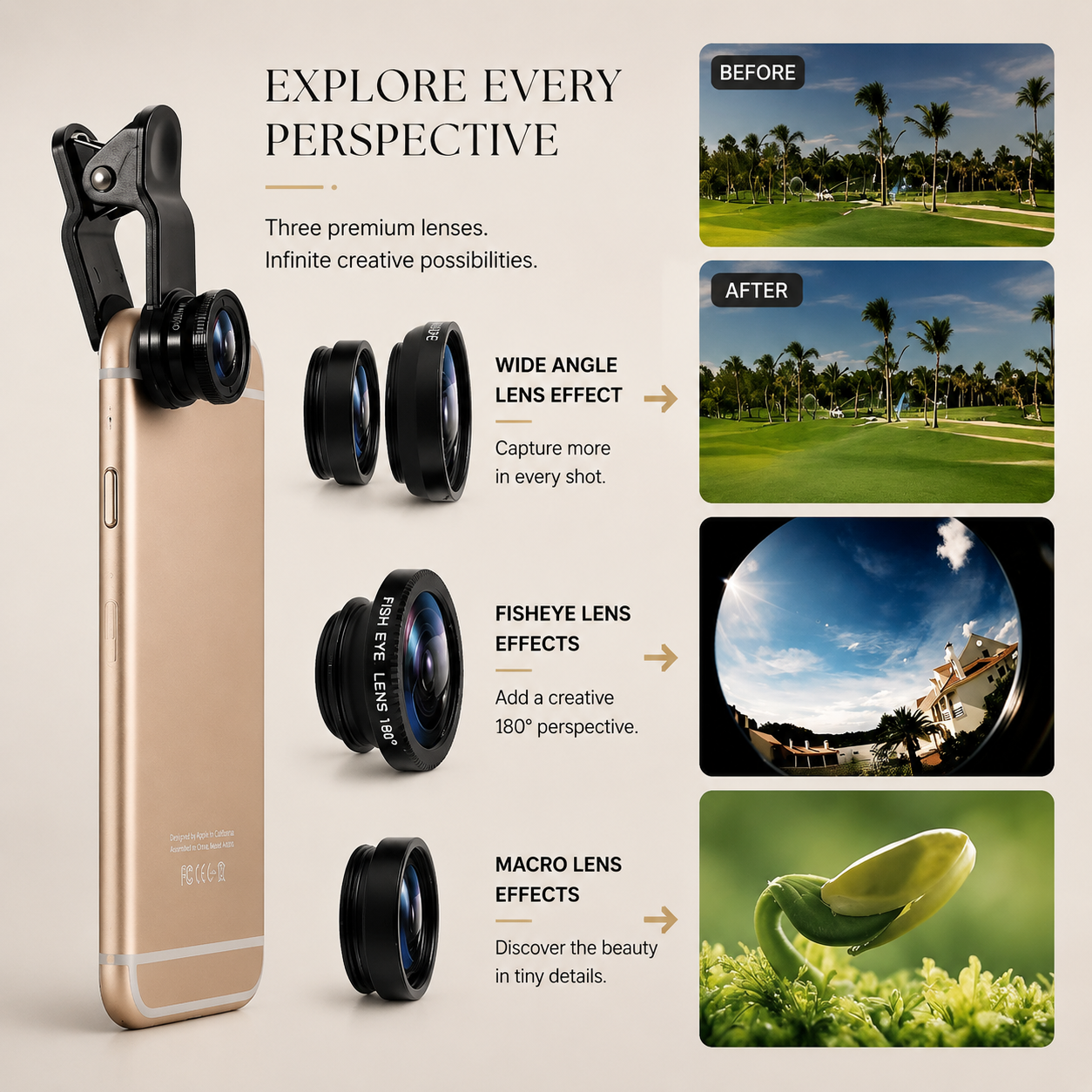 Premium Phone Camera Lens Kit 3 In 1 Fisheye Wide Angle Macro Clip On Smartphone Photography Lens Set