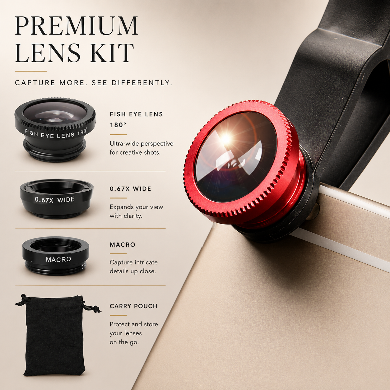 Premium Phone Camera Lens Kit 3 In 1 Fisheye Wide Angle Macro Clip On Smartphone Photography Lens Set