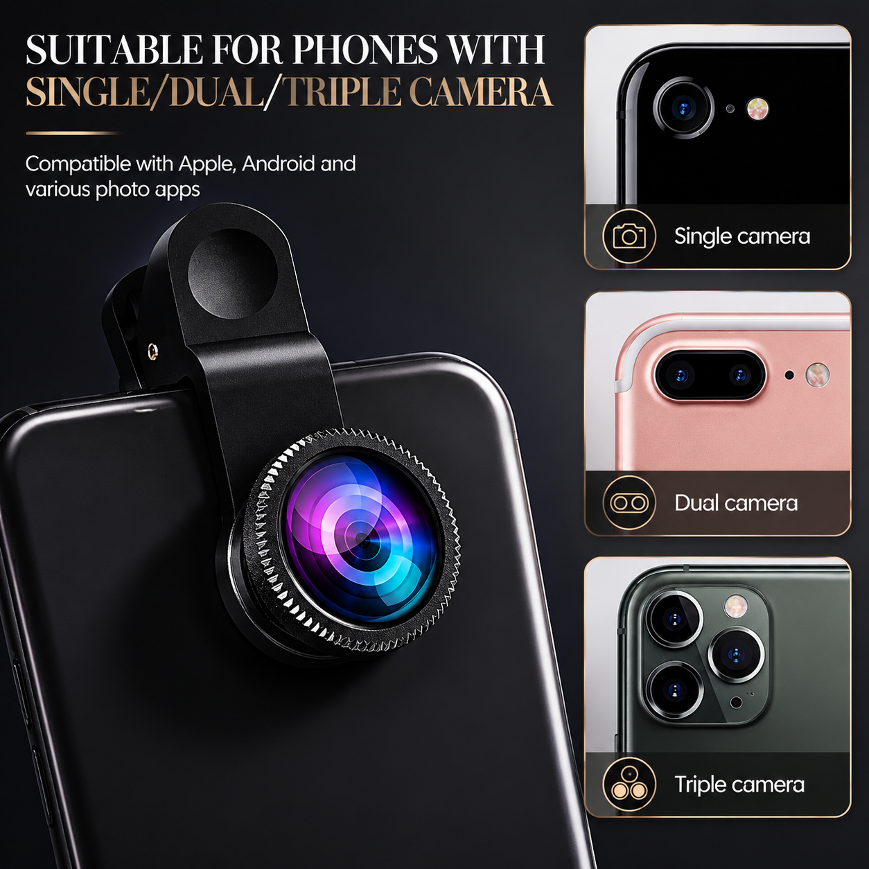 Premium Phone Camera Lens Kit 3 In 1 Fisheye Wide Angle Macro Clip On Smartphone Photography Lens Set