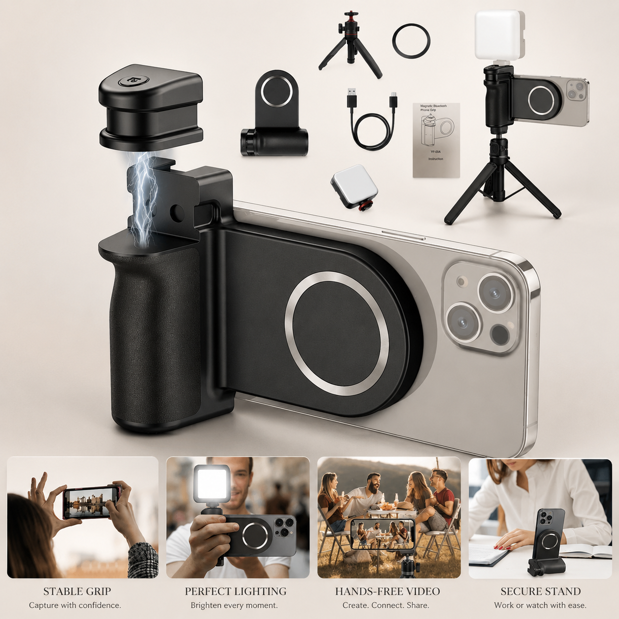 Premium Phone Holder MagSafe Compatible Magnetic Grip Bluetooth Remote Smartphone Mount Photography Video Recording Stand