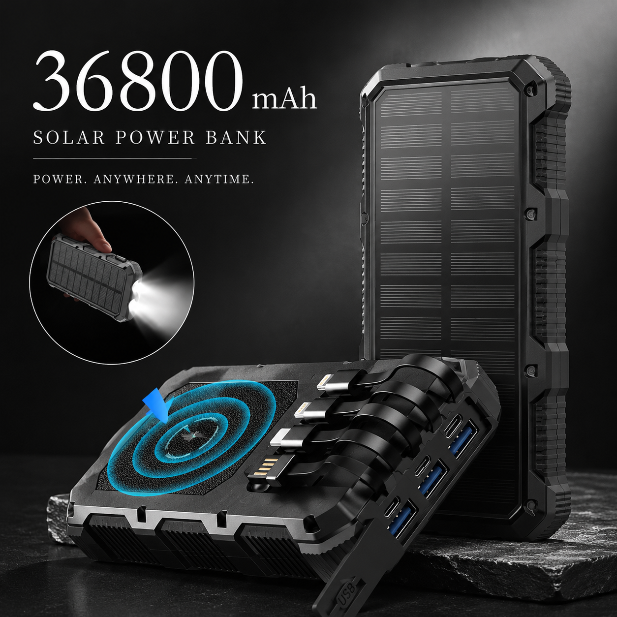 Premium Power Bank 20000mAh Solar Charger Fast Charging Portable Battery Pack LED Flashlight Travel Charger