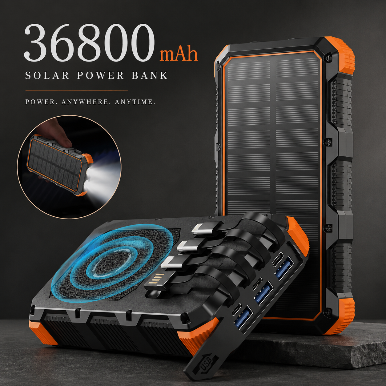 Premium Power Bank 20000mAh Solar Charger Fast Charging Portable Battery Pack LED Flashlight Travel Charger