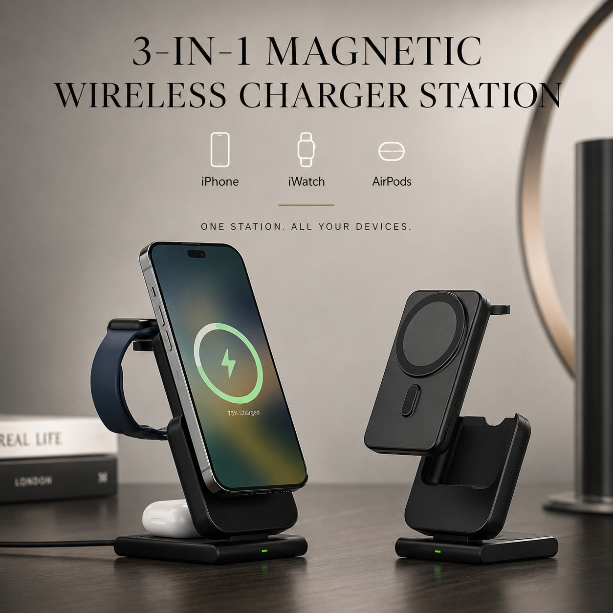 Premium Power Bank MagSafe Compatible 3 In 1 Wireless Charger Portable Magnetic Battery Smartphone Watch Earbuds Charging Station