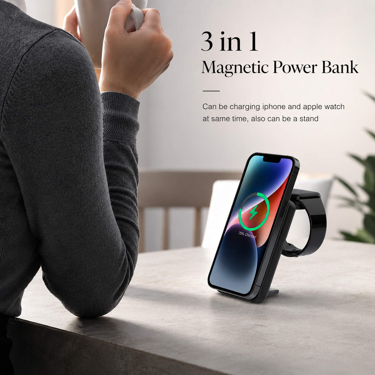 Premium Power Bank MagSafe Compatible 3 In 1 Wireless Charger Portable Magnetic Battery Smartphone Watch Earbuds Charging Station