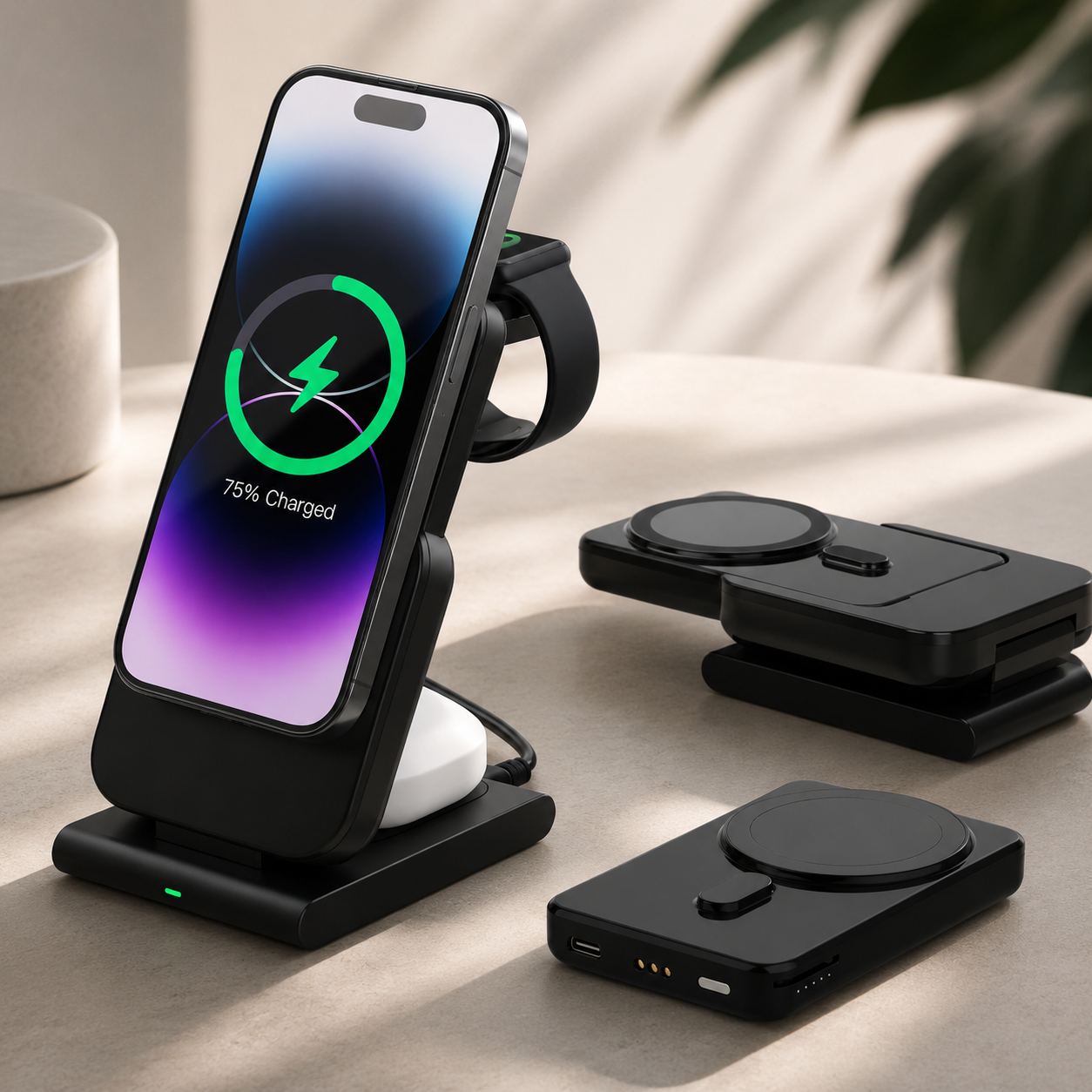 Premium Power Bank MagSafe Compatible 3 In 1 Wireless Charger Portable Magnetic Battery Smartphone Watch Earbuds Charging Station