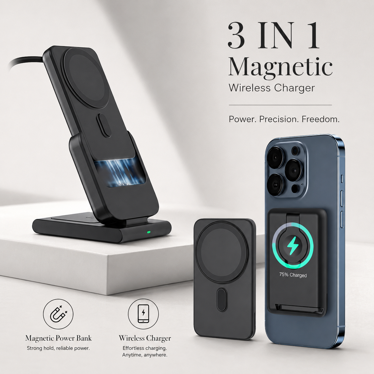 Premium Power Bank MagSafe Compatible 3 In 1 Wireless Charger Portable Magnetic Battery Smartphone Watch Earbuds Charging Station