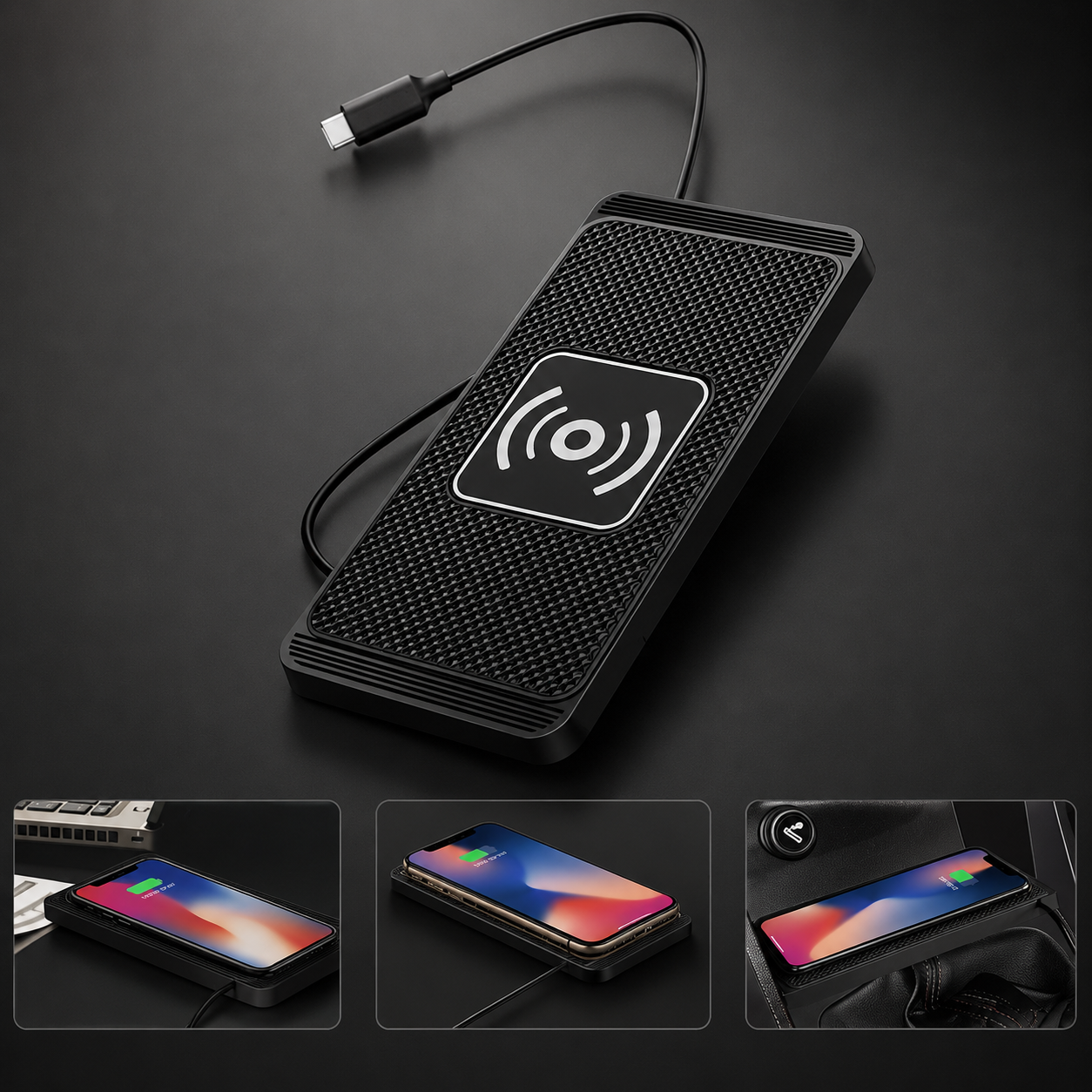 Premium Wireless Car Charger Fast Charging Anti Slip Silicone Pad Dashboard Charging Dock Smartphone Compatible