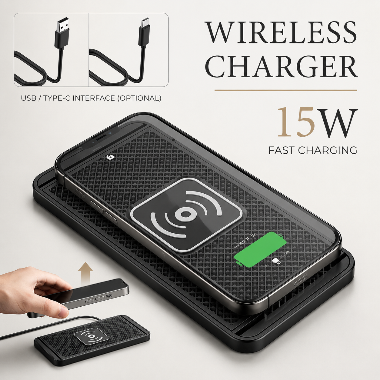 Premium Wireless Car Charger Fast Charging Anti Slip Silicone Pad Dashboard Charging Dock Smartphone Compatible