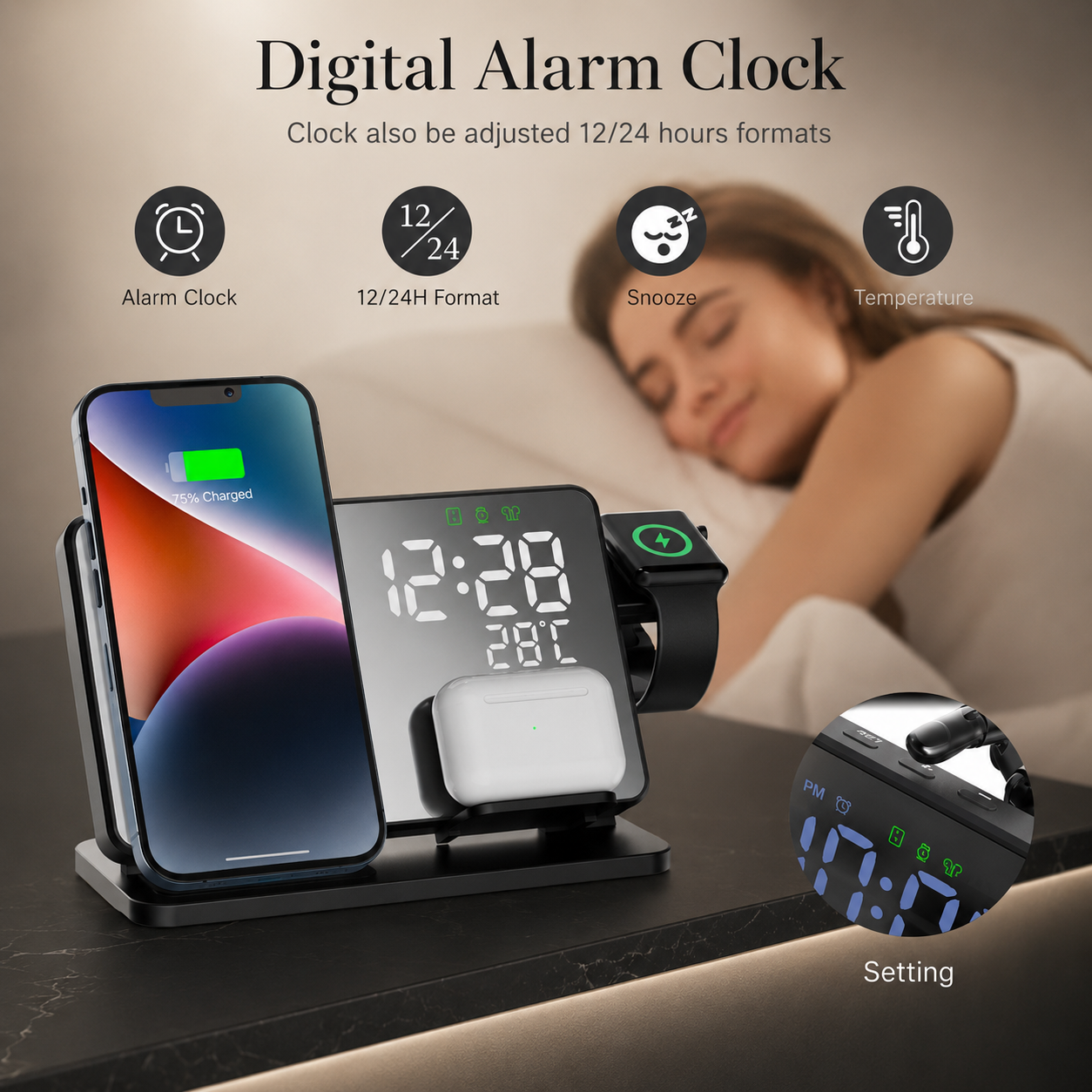 Premium Wireless Charger 3 In 1 Fast Charging Dock Station Clock Display Multi Device Charging Stand Smartphone Watch Earbuds Compatible