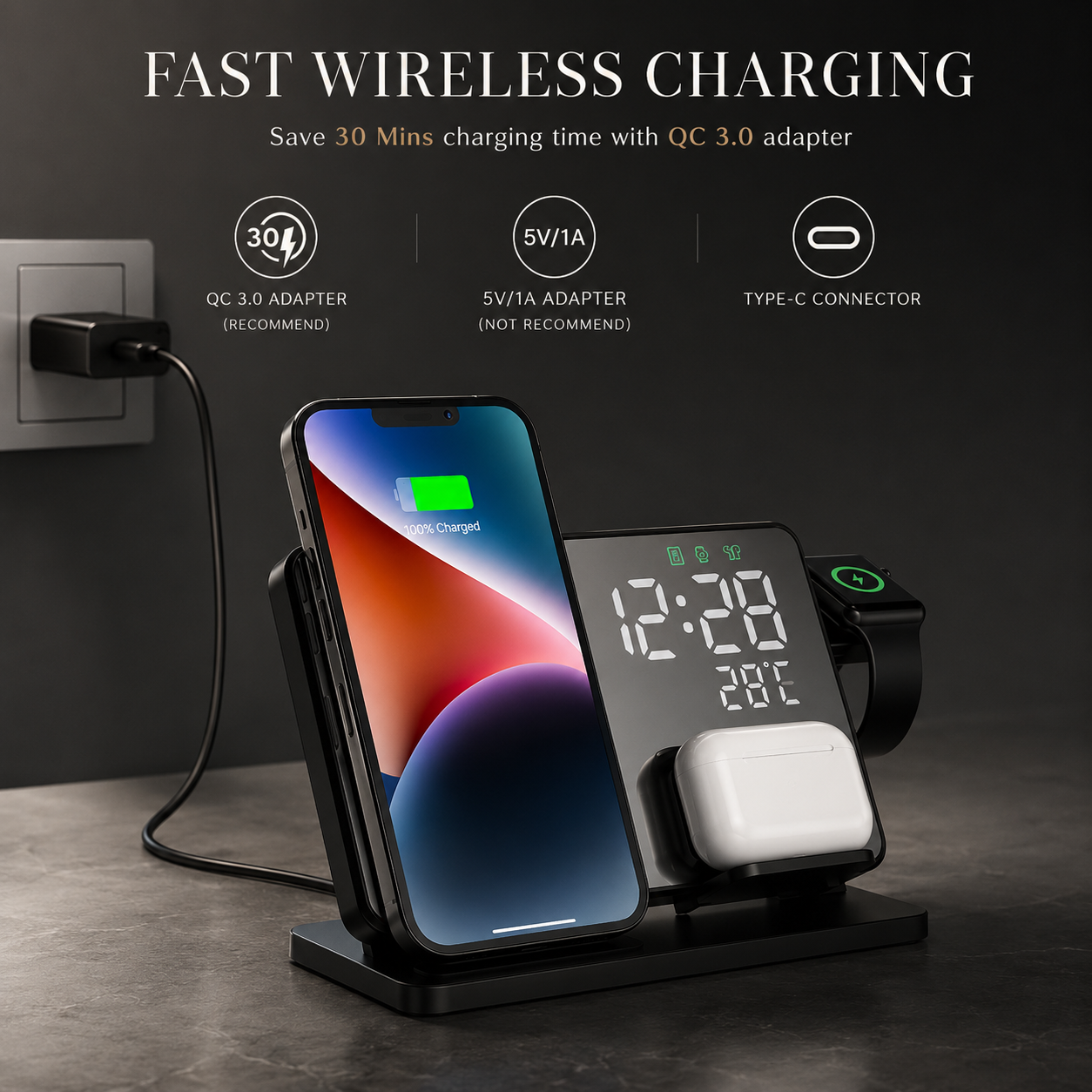 Premium Wireless Charger 3 In 1 Fast Charging Dock Station Clock Display Multi Device Charging Stand Smartphone Watch Earbuds Compatible