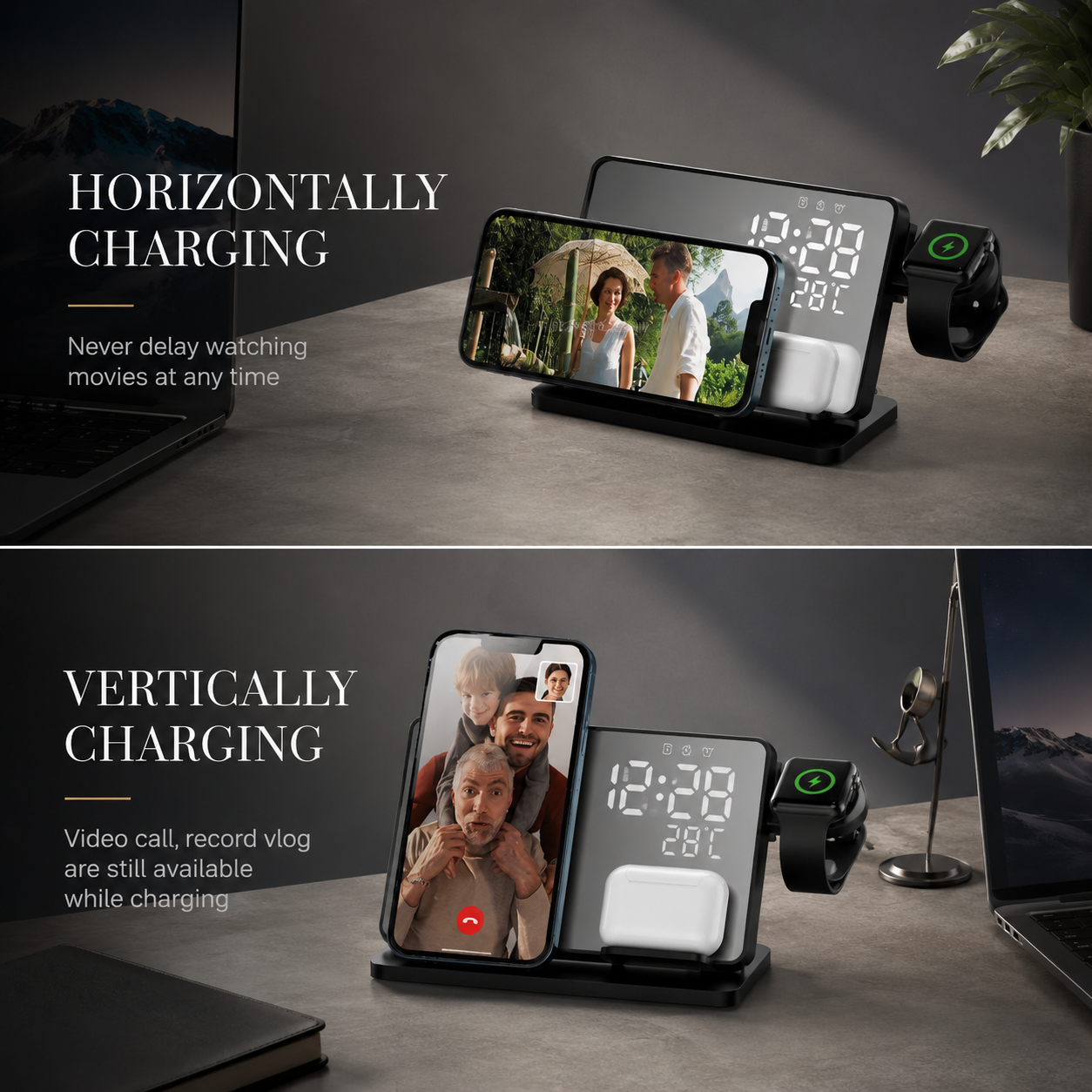 Premium Wireless Charger 3 In 1 Fast Charging Dock Station Clock Display Multi Device Charging Stand Smartphone Watch Earbuds Compatible
