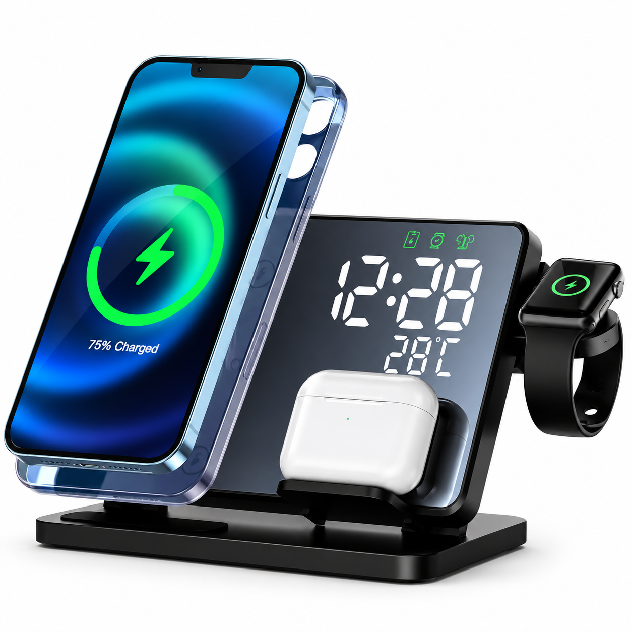 Premium Wireless Charger 3 In 1 Fast Charging Dock Station Clock Display Multi Device Charging Stand Smartphone Watch Earbuds Compatible
