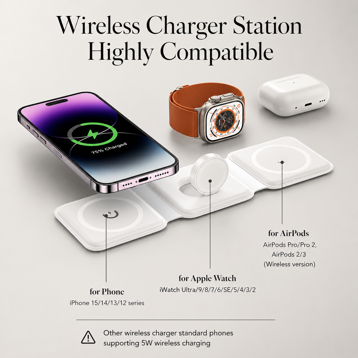 Premium Wireless Charger 3 In 1 Foldable MagSafe Compatible Fast Charging Aluminum Dock Station Magnetic Multi Device Charging Stand