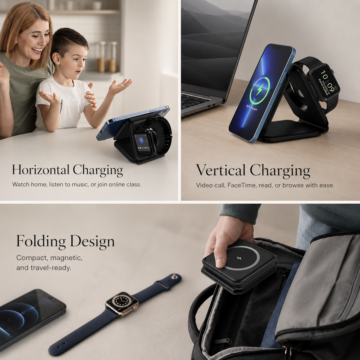 Premium Wireless Charger 3 In 1 Foldable MagSafe Compatible Fast Charging Station Magnetic Portable Charging Dock Smartphone Watch Earbuds