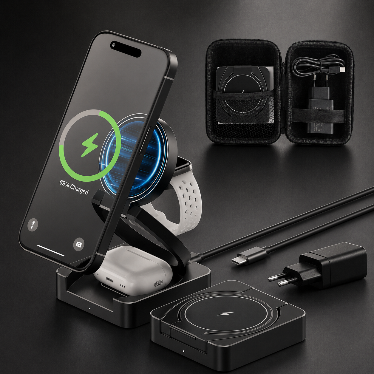 Premium Wireless Charger 3 In 1 Foldable MagSafe Compatible Fast Charging Station Magnetic Portable Charging Dock Smartphone Watch Earbuds