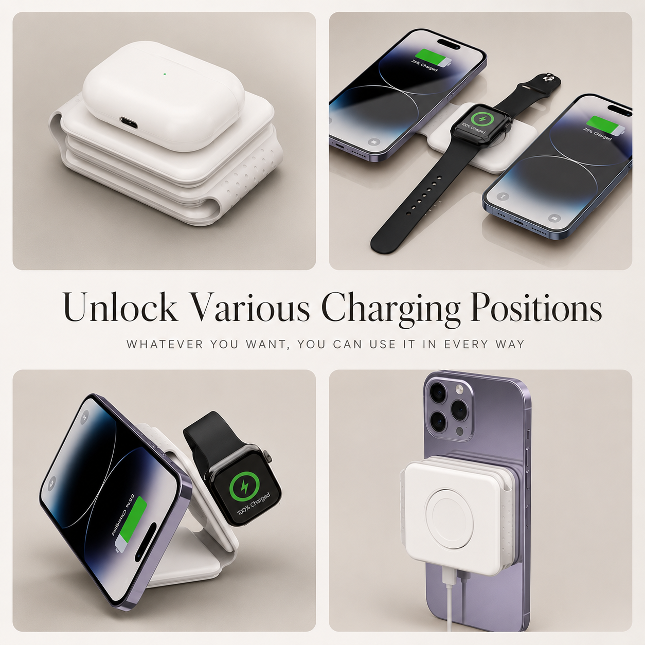 Premium Wireless Charger 3 In 1 Foldable MagSafe Compatible Fast Charging Station Magnetic Portable Charging Dock Smartphone Watch Earbuds