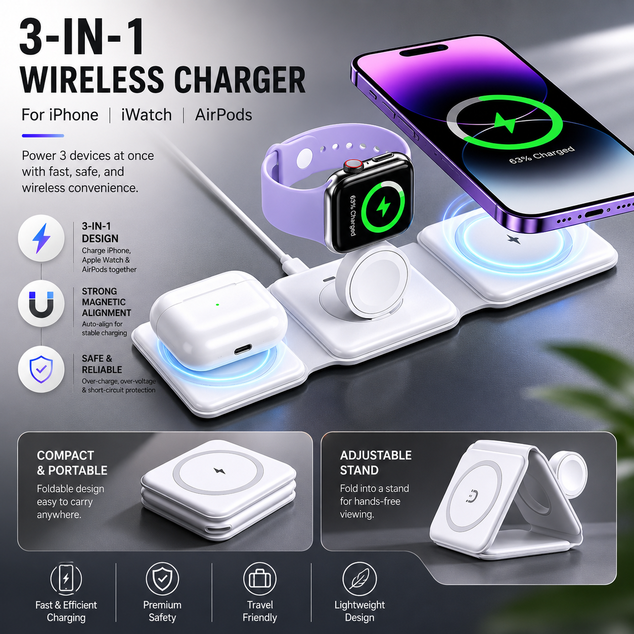 Premium Wireless Charger 3 In 1 Foldable MagSafe Compatible Fast Charging Station Magnetic Portable Charging Dock Smartphone Watch Earbuds
