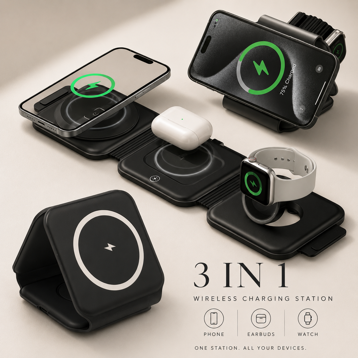 Premium Wireless Charger 3 In 1 Foldable MagSafe Compatible Fast Charging Station Magnetic Portable Charging Dock Smartphone Watch Earbuds
