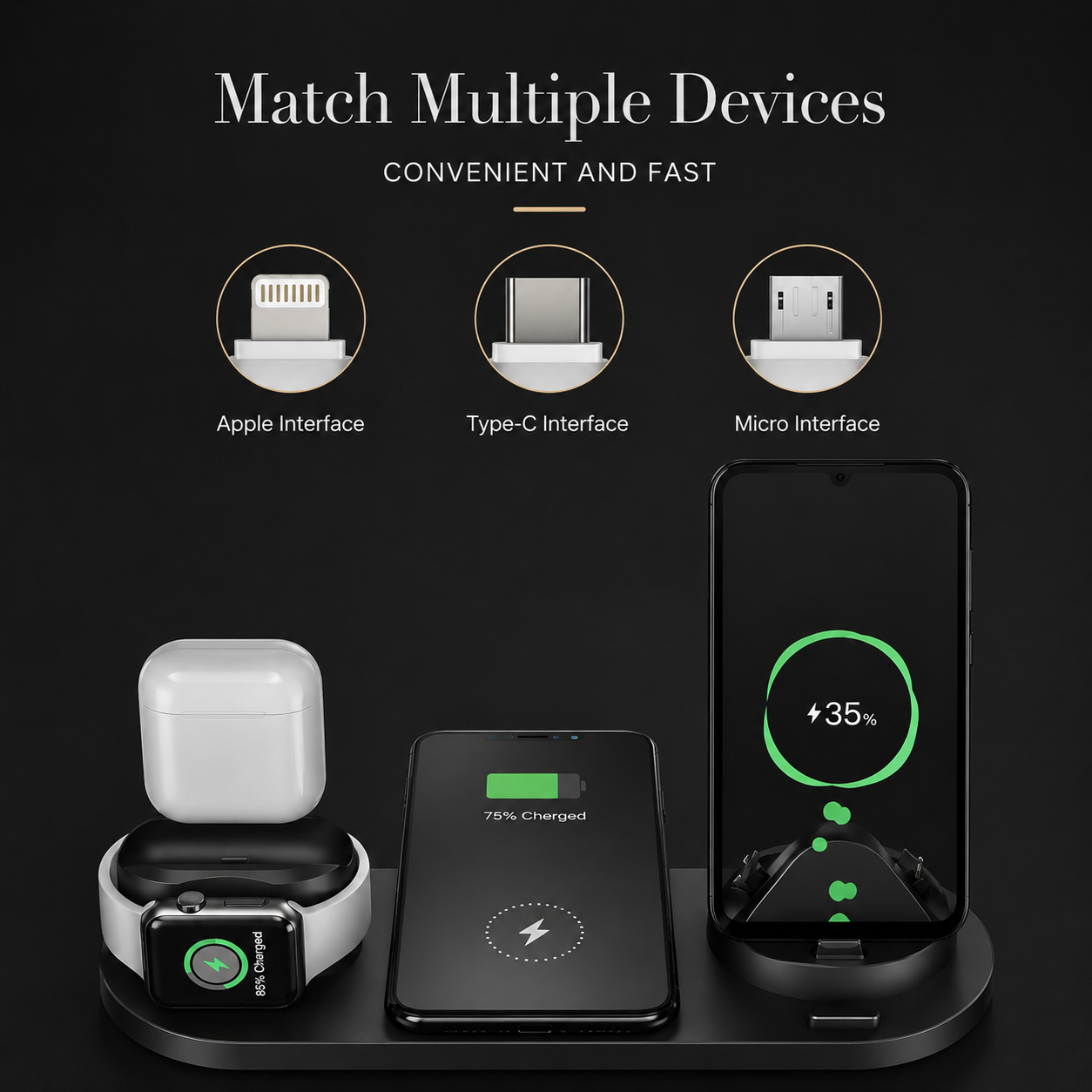 Premium Wireless Charger 7 In 1 Fast Charging Station Foldable Multi Device Charging Dock Smartphone Watch Earbuds Compatible