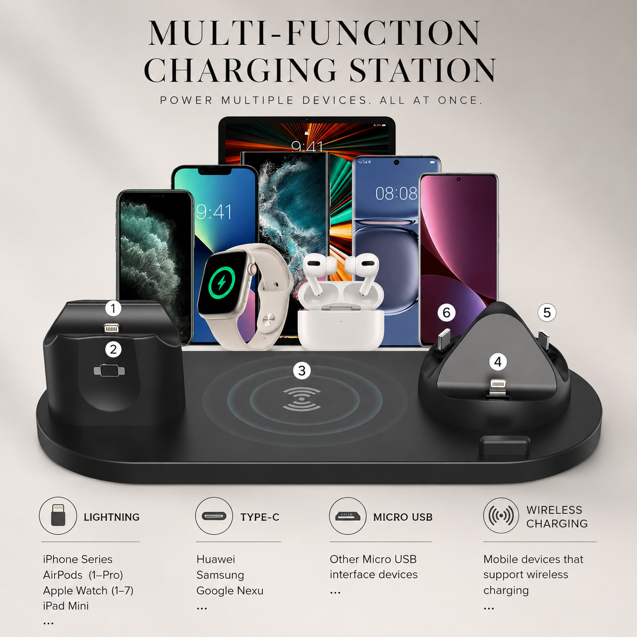 Premium Wireless Charger 7 In 1 Fast Charging Station Foldable Multi Device Charging Dock Smartphone Watch Earbuds Compatible