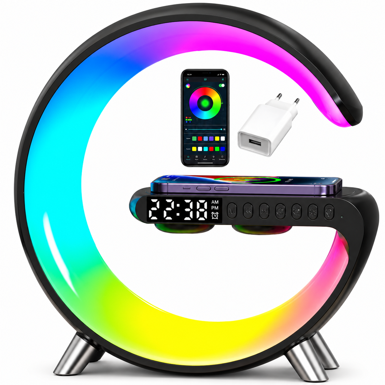 Premium Wireless Charging Station Fast Charging Dock RGB LED Bluetooth Speaker Clock USB C Multi Device Charger