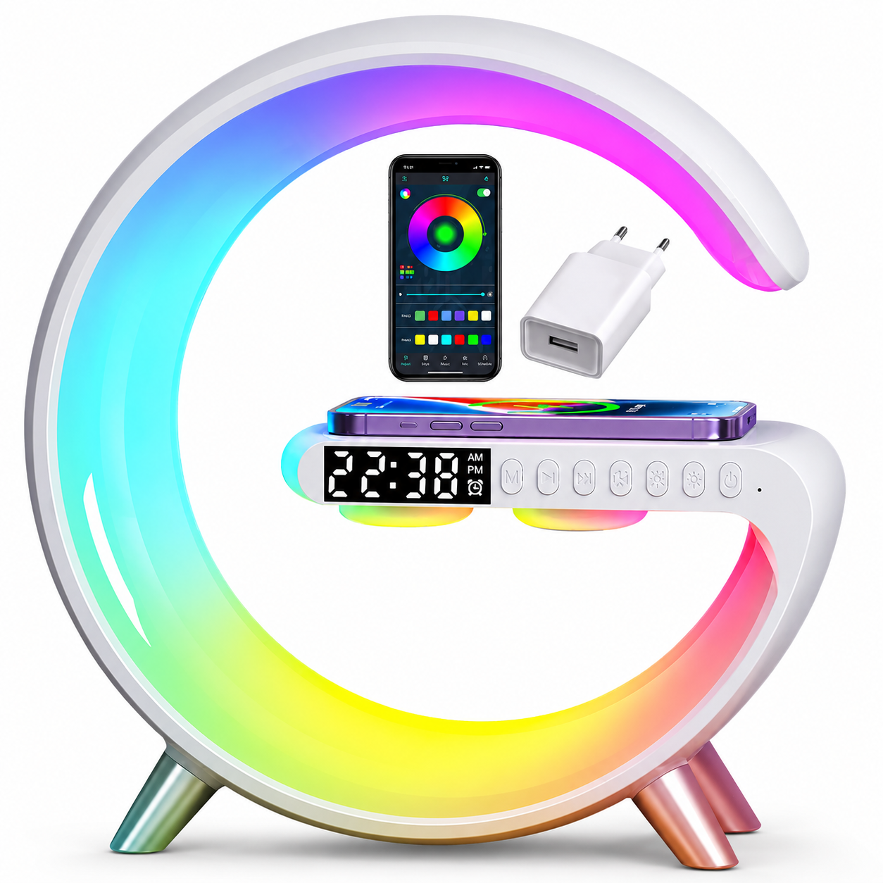 Premium Wireless Charging Station Fast Charging Dock RGB LED Bluetooth Speaker Clock USB C Multi Device Charger