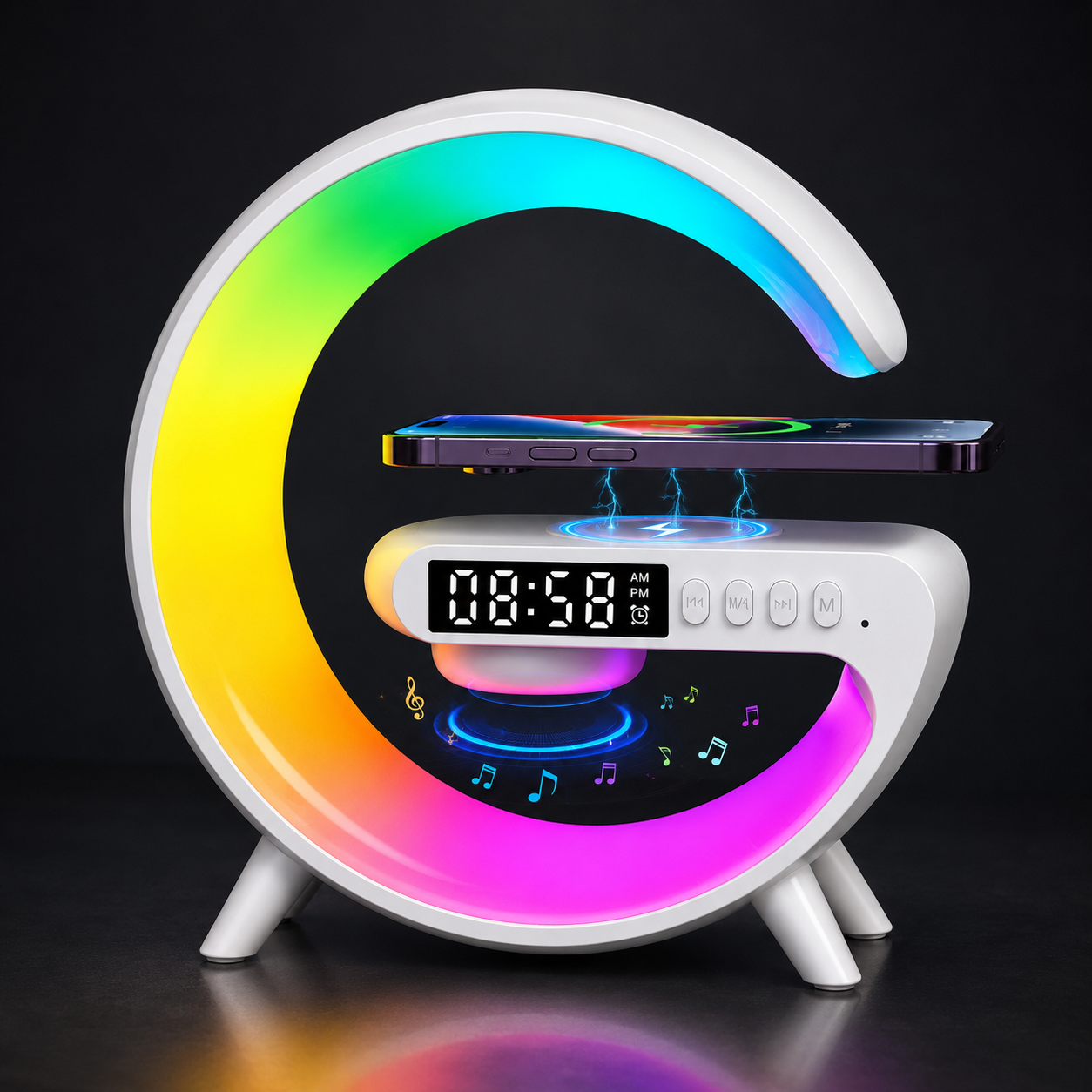 Premium Wireless Charging Station Fast Charging Dock RGB LED Bluetooth Speaker Clock USB C Multi Device Charger