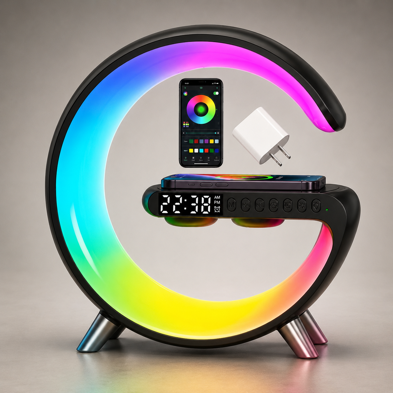 Premium Wireless Charging Station Fast Charging Dock RGB LED Bluetooth Speaker Clock USB C Multi Device Charger