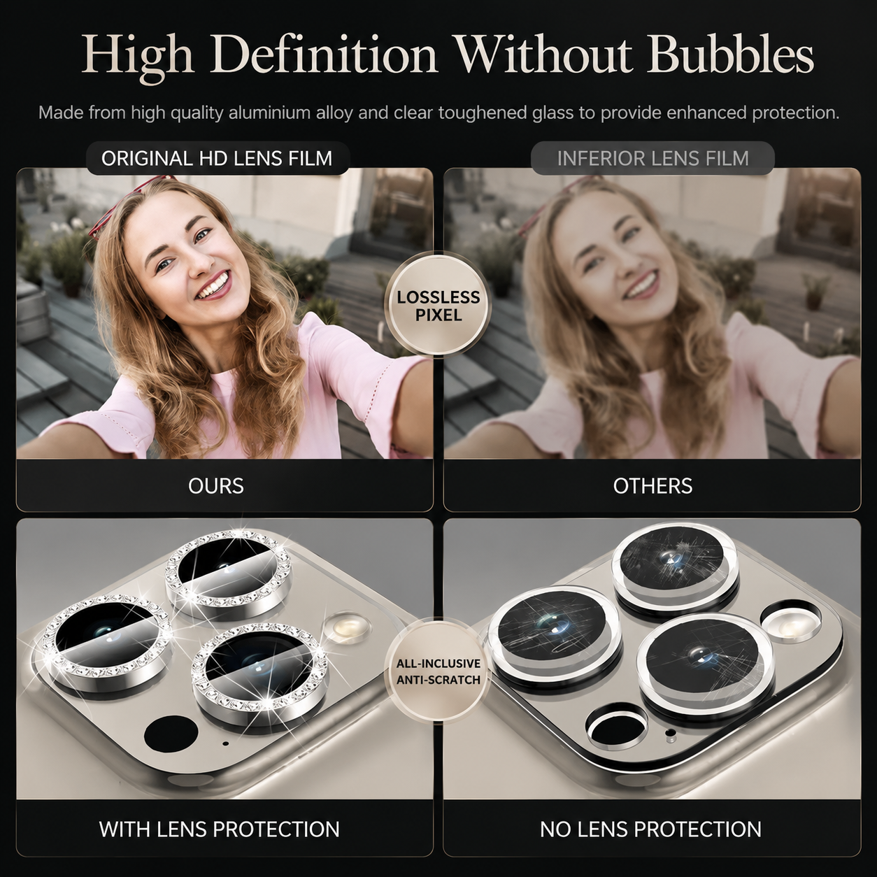 Premium iPhone Camera Lens Protector Tempered Glass Metal Ring Scratch Resistant Shockproof Anti Dust Precision Fit Protective Cover