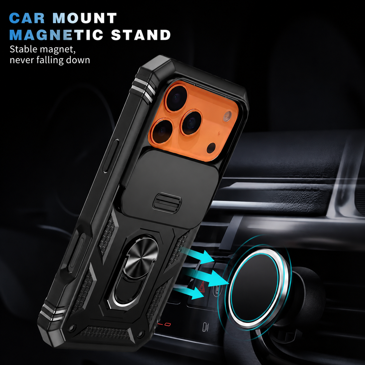 Premium iPhone Case 360 Rotation Armor Cover Magnetic Military Grade Shockproof Camera Slide Protection Ring Stand Full Coverage Case