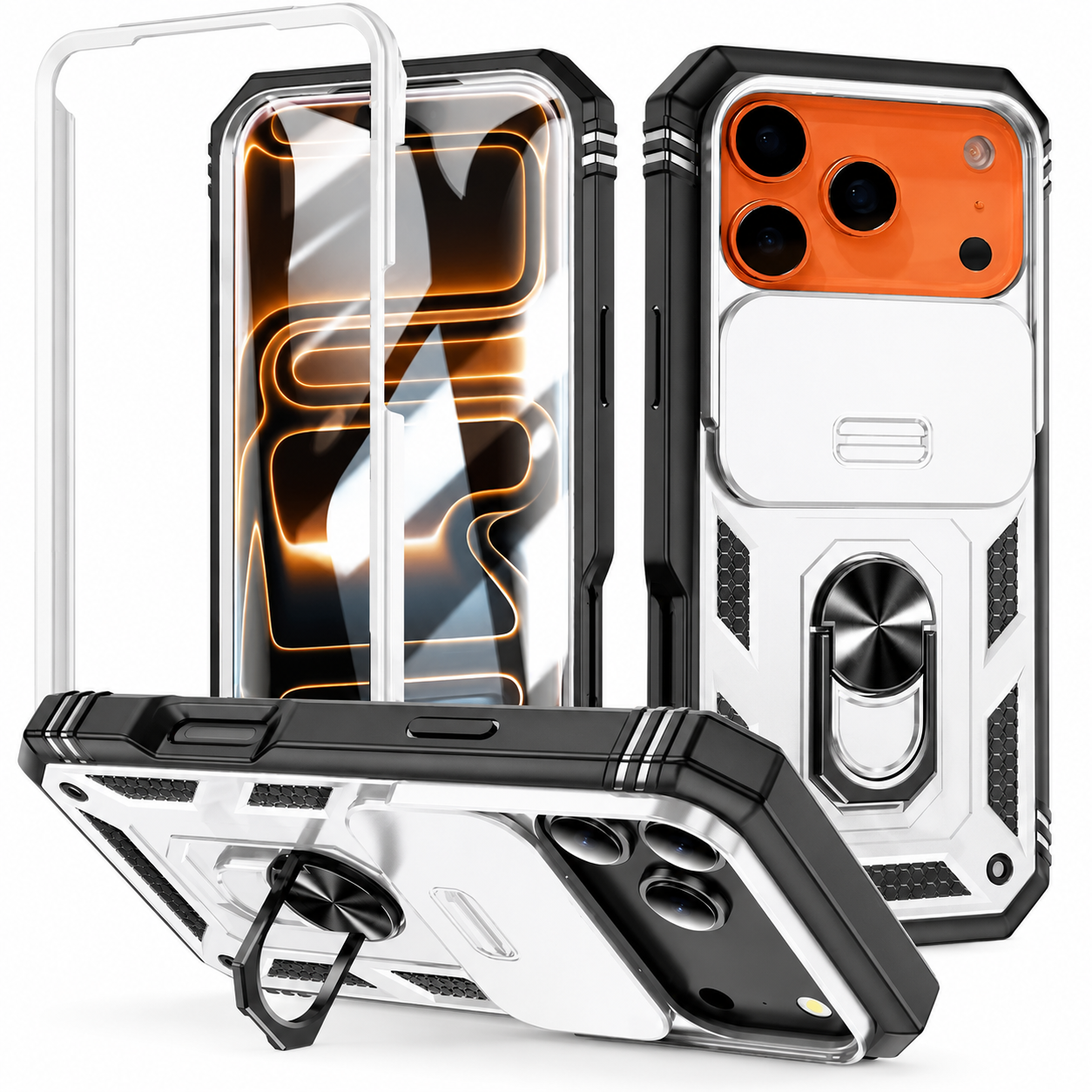 Premium iPhone Case 360 Rotation Armor Cover Magnetic Military Grade Shockproof Camera Slide Protection Ring Stand Full Coverage Case