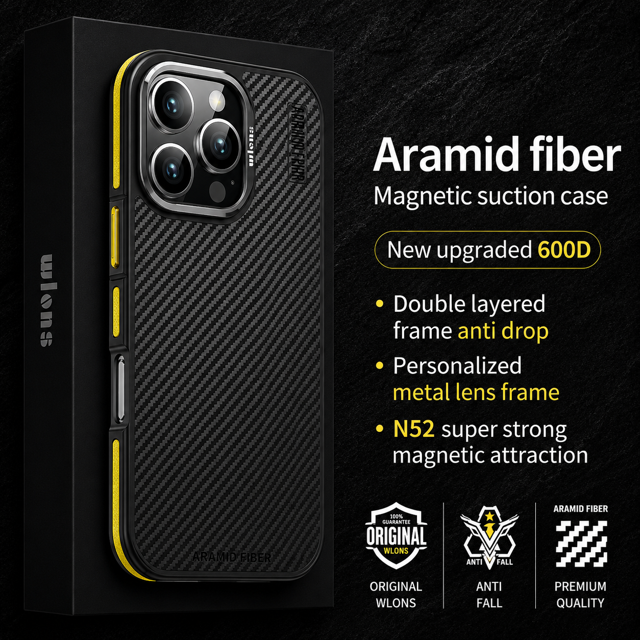 Premium iPhone Case 600D Kevlar Series Magnetic Cover with Metal Camera Ring Shockproof Half Wrapped PC TPU Protective Design