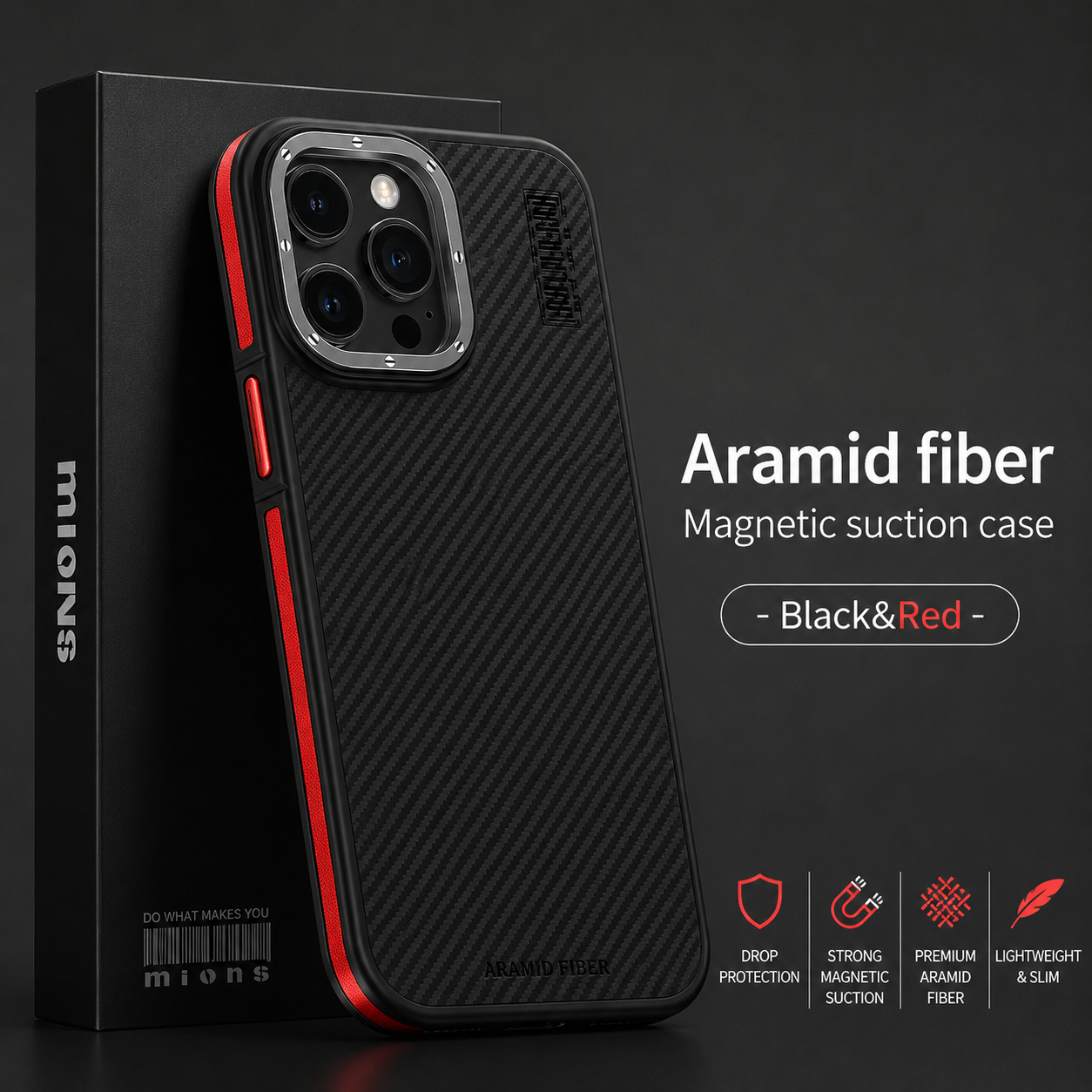 Premium iPhone Case 600D Kevlar Series Magnetic Cover with Metal Camera Ring Shockproof Half Wrapped PC TPU Protective Design