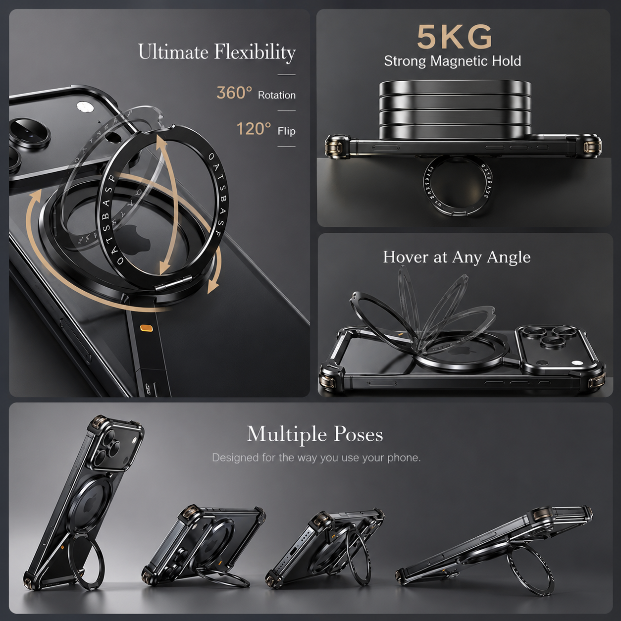 Premium iPhone Case Aluminum Magnetic Cover MagSafe Compatible Frameless Shockproof Rotating Ring Stand Camera Lens Protection