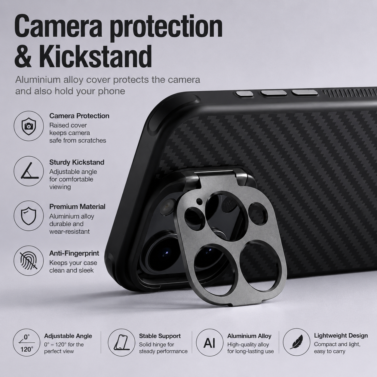 Premium iPhone Case Aramid Fiber Kevlar 600D Half Wrapped Cover with MagSafe Invisible Camera Ring Stand Shockproof Anti Fingerprint Design