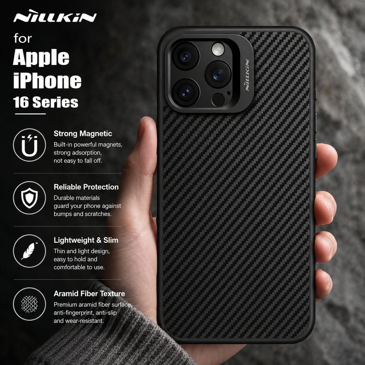 Premium iPhone Case Aramid Fiber Kevlar 600D Half Wrapped Cover with MagSafe Invisible Camera Ring Stand Shockproof Anti Fingerprint Design